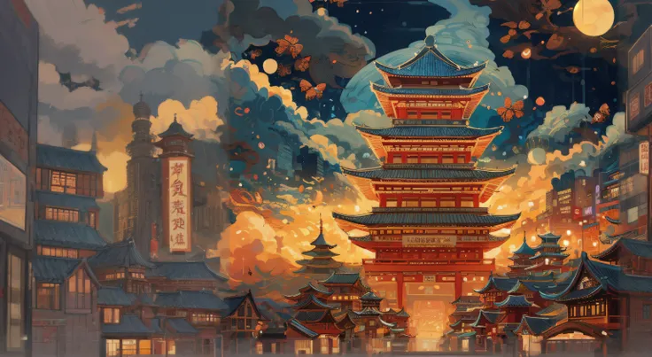 nighttime scene，Ancient Chinese architectural scenes，Clouds，Downtown，Lively atmosphere，A high resolution