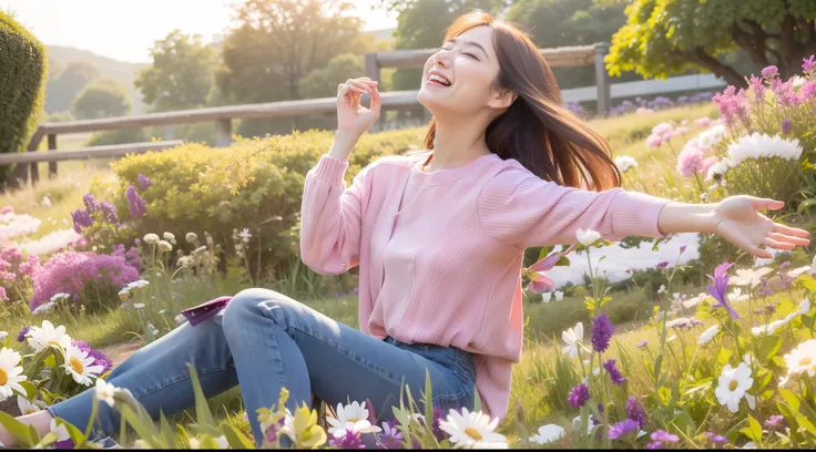 There was a woman sitting on the grass，Wear jeans and a light purple top，arms out, she expressing joy, In a large green lawn, warm and joyful atmosphere, she is in pure bliss, um dia ensolarado, on a bright day, jia, carefree, Sunny environment, Pose(Arms ...