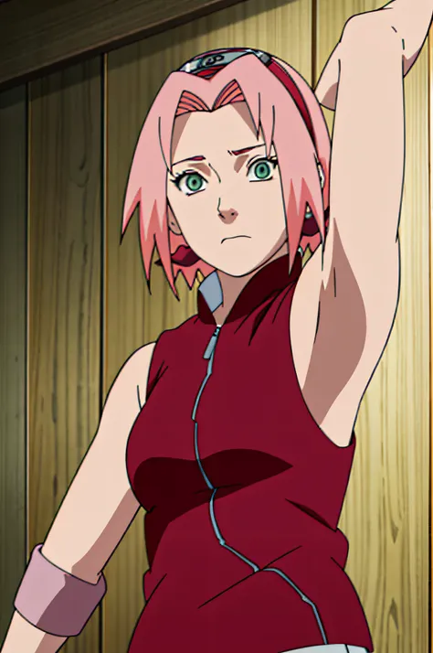 sakura haruno, sleeveless, red jacket, forehead protector, konohagakure symbol, arms behind head, armpits, showing armpits, posi...