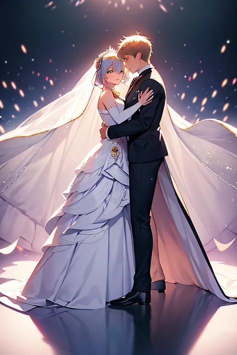 Male and female combinations, Wedding dress, HD, solid color backdrop, Cartoon, Anime style, Full body portrait，Male and female synchronization，Wedding scene complex beautiful wedding dresses， Multi-layered skirt，high-definition portrait ， hugs，grin face，F...