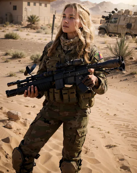 arafed female soldier with a machine gun in a desert area, soldier girl, ready for combat, with rifle, military girl, infantry girl, of a sniper girl in war, wearing military outfit, beautiful female soldier, militaristic!!!, by Emma Andijewska, mechanized...