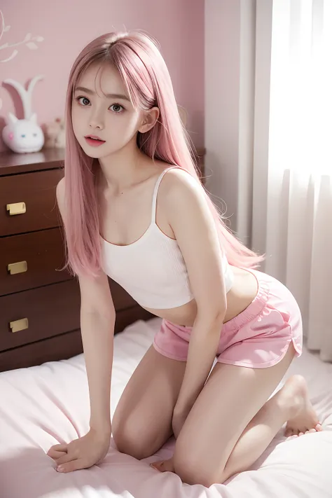 prette，Delicate facial features，Cute loli，Pink Long Hair，looking at viewert，White-colored skin，nabel，with brown eye，full bodyesbian，inside in room，In pink，Pubic hair shows through，Kneeling，Ultra shorts，Realistis