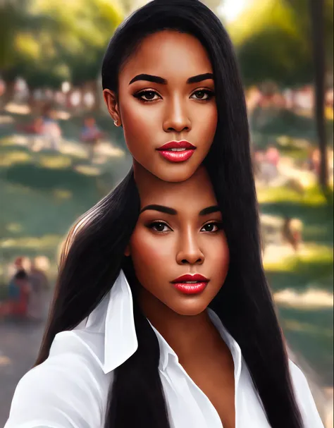 A selfie of a pretty black lightskin female with long black straight hair wearing a white puffed sleeved shirt at the park, make the park background look realistic,, Realistic face