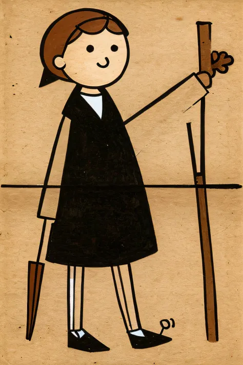 A stick figure girl as drawn by a small child, Saul Steinbergs painting style,