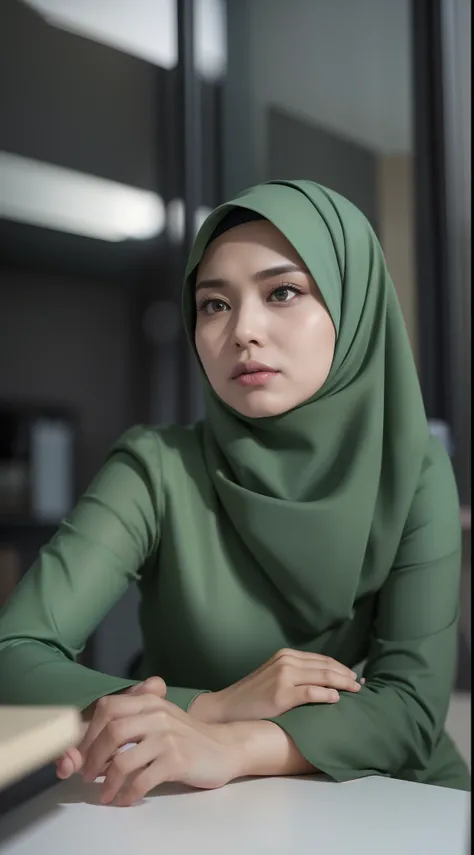 Beautiful fair skin matured malay girl in hijab seating in meeting room angry, 45 years old, milf, angry pose, angry face, meeting room, morning, wearing hijab, pastel color hijab, green office outfit, green suits, small tits, small breast, flat chest, wid...