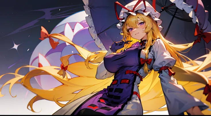 Yukari Yakumo,purple eyes, blonde hair,thick, big tits, cartoon