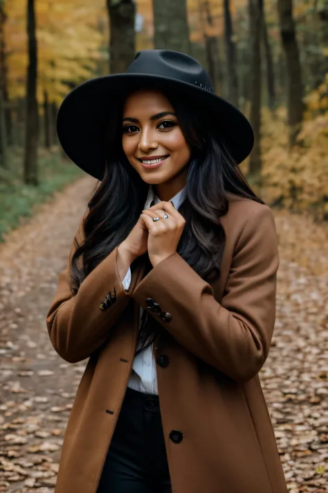 Beautiful 30 years old Mexican woman named Panam Ramirez, poses in the autumn forest, warm brown coat, white shirt, black pants, hat, smile, RAW photo, dynamic pose, long black hair, high detail face, direct look, high detail hands, high detail eyes, white...