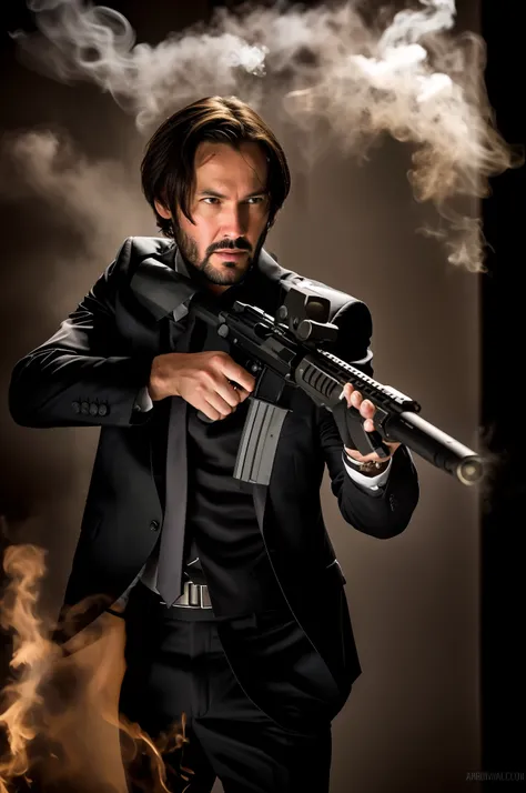 arafed man in a suit holding a gun in a nightclub room, brown hair, from the new john wick movie, john wick, portrait of john wick, in the john wick movie, felix englund style, smoking and holding a gun, with rifle, action thriller, dramatic action photogr...