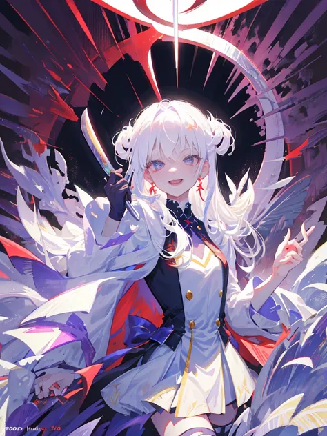 Front lens，sharp-focus，The upper part of the body，one-girl，flowing white hair，Detail hair，Refined looks，Lilac eyes，Evil laughter，lipsticks，Put your left hand in front of you，hold up two fingers，Sword finger