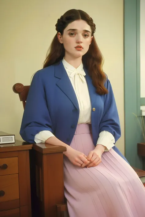 1995, massachusetts mountain village. Pre-raphaelite ((((40-year-old)) katie mcgrath)), doctor, going to work, ((((casual Clothing from the 1990s)))) ((Hairstyle of the 1990s)), ((Wes Anderson cinematic style)), colorful