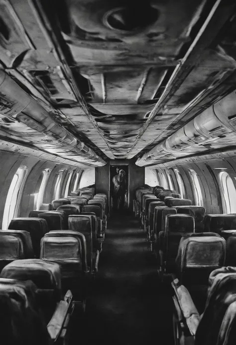 horror scene from a movie, black ghost figures semi transparent apparitions floating and flying, smoke on the floor, inside a boing 747 plane