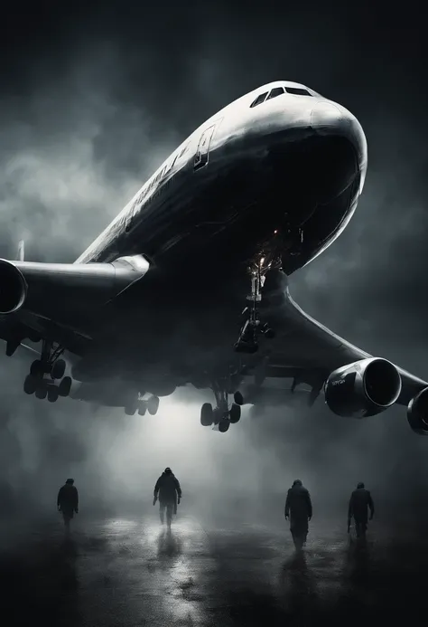 horror scene from a movie, black ghost figures semi transparent apparitions floating and flying, smoke on the floor, inside a boing 747 plane