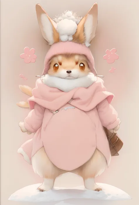 Painting by Jean-Baptiste Monge depicting a little shaggy fox girl, Dressed in warm knitted pink air dress with rescue gear on winter day with snow, , jean - baptiste monge, anthropomorphic --ar 2:3 --testp -optimistic;