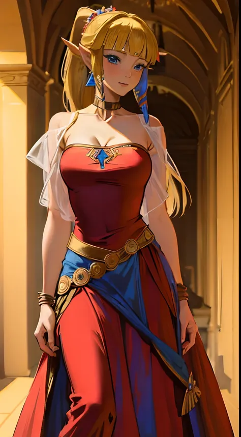 (adult woman:1.4)(masterpiece, best quality:1.2), 1girl,solo,(looking at viewer), princess, Zelda, red theme, long strapless dress, blonde hair, bare shoulders, blue eyes, palace, cowboy shot, ponytail,(blushing), (collar), (smiling:0.7),(see-through:0.3)(...