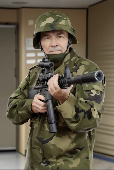 a close up of a man in a camouflage uniform holding a gun, holding rifle, holding a rifle, wearing a military uniform, military gear, camouflaged gear, carrying rifle, military, wearing a military uniform, military soldier behavior, airsoft cqb, wielding a...