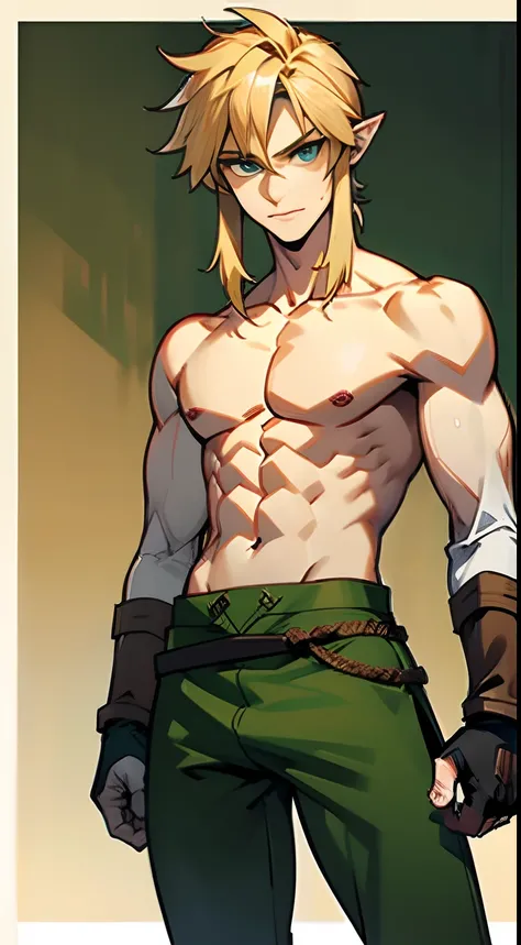 blond, tall, green-eyed guy, viking style, russian hero style, strong,  anime style, anime  , link, ( short gloves:1.2), standing, (topless:1.3), demigod , (muscular:0.3),(sport:0.2), (empty dojo),(smiling:0.5), (dominant),(evil:0.6)(confident)(sadistic)(a...