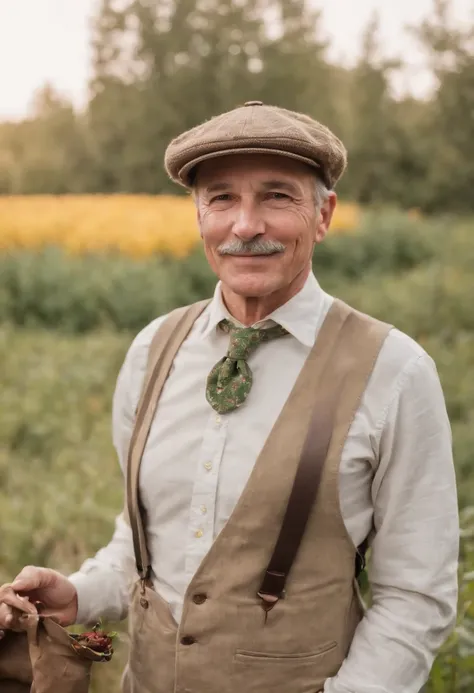 A photo of Mayor Lewis holding a glazed yam, a cup of green tea, and a hot pepper.,Stardew Valley,He wears a tan newsboy cap. He is old and has a big grey mustache. He is a white  man. He wears a green button up top with a yellow necktie. He wears brown su...