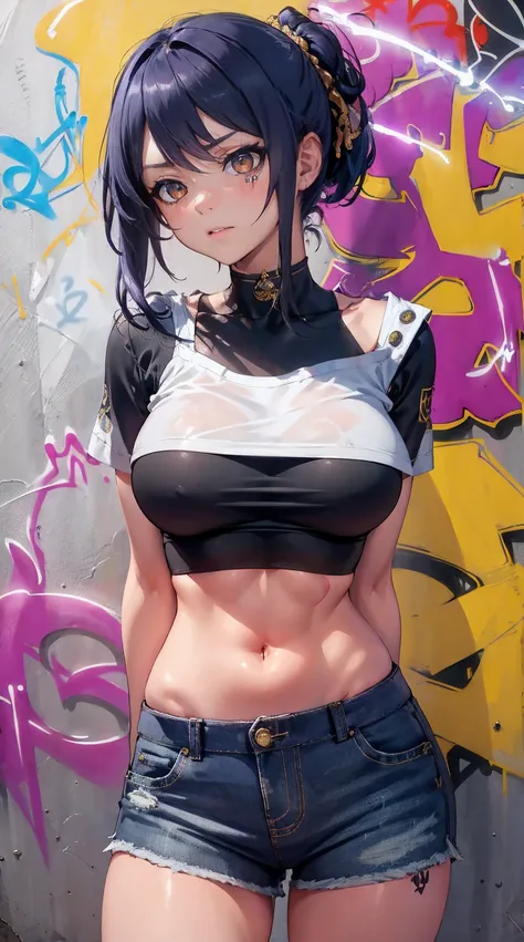 Kujou Sara Genshin Effect, masterpiece, bestquality, 1girls, mediuml breasts, long-haired ,Ponytail, bara, crop top, shorts jeans, choker, (Graffiti:1.5), Splash with purple lightning pattern., arm behind back, against wall, Look at the audience from behin...