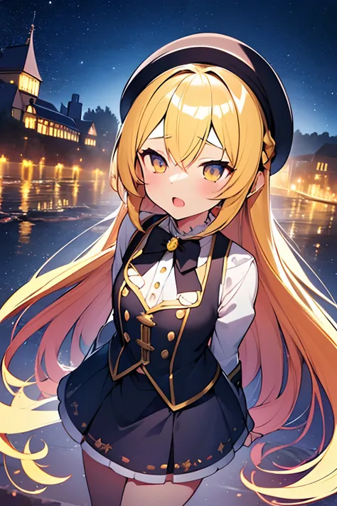 1girl. yellow hair.long hair.short stature. small breast.skirt. (((masterpiece))).(((best quality))).)((ultra-detailed))).(((illustration))).(((night view))).Magical girl costume.magic circles.open mouth.Sad face.beret