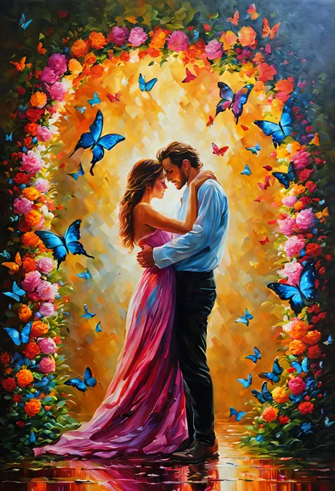 (best quality,4k,8k,highres,masterpiece:1.2),(oil painting),(lovers embracing),(flowers in bloom),(colorful butterflies),(vibran...