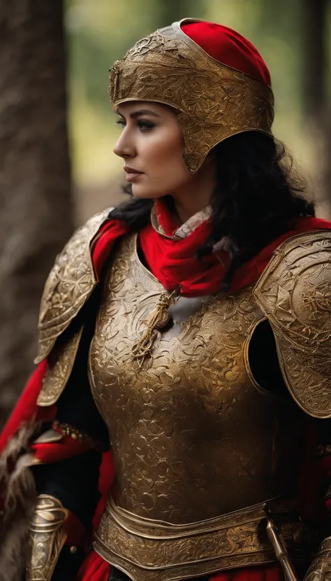 A soldier wearing armor from the Warring States Period，Holding a sword and a shield in hand，wearing her helmet，Wearing dark gold luxurious armor，Wearing armor gloves，Wearing armored combat boots，Wearing a black and gold cape，Eyes glowing red，The demons，Sur...