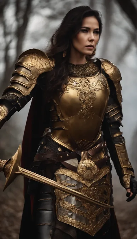 A soldier wearing armor from the Warring States Period，Holding a sword and a shield in hand，wearing her helmet，Wearing dark gold luxurious armor，Wearing armor gloves，Wearing armored combat boots，Wearing a black and gold cape，Eyes glowing red，The demons，Sur...