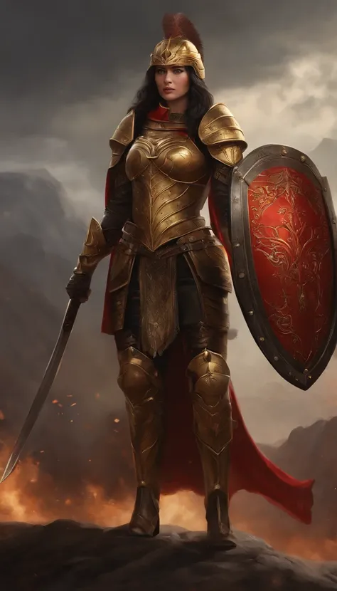 A soldier wearing armor from the Warring States Period，Holding a sword and a shield in hand，wearing her helmet，Wearing dark gold luxurious armor，Wearing armor gloves，Wearing armored combat boots，Wearing a black and gold cape，Eyes glowing red，The demons，Sur...