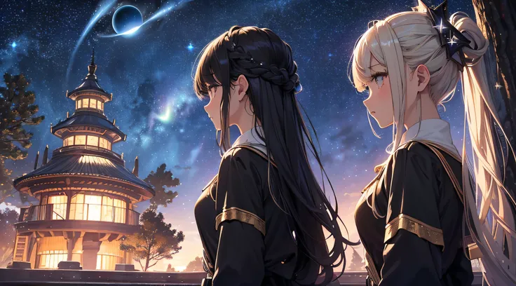 ​masterpiece、High Detailed Girls（（a beauty girl、doress、Highly detailed hair ornament、Hair is tied up））、Background with((Fantastic starry sky、meteors、black hole))、Depth((Giant Tree、Fantastic、Luminescent))、