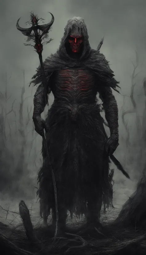 An ancient soldier holding a spear，Surreal art，Eyes glowing red，demonic creature，Ultra-detailed full-body portraits