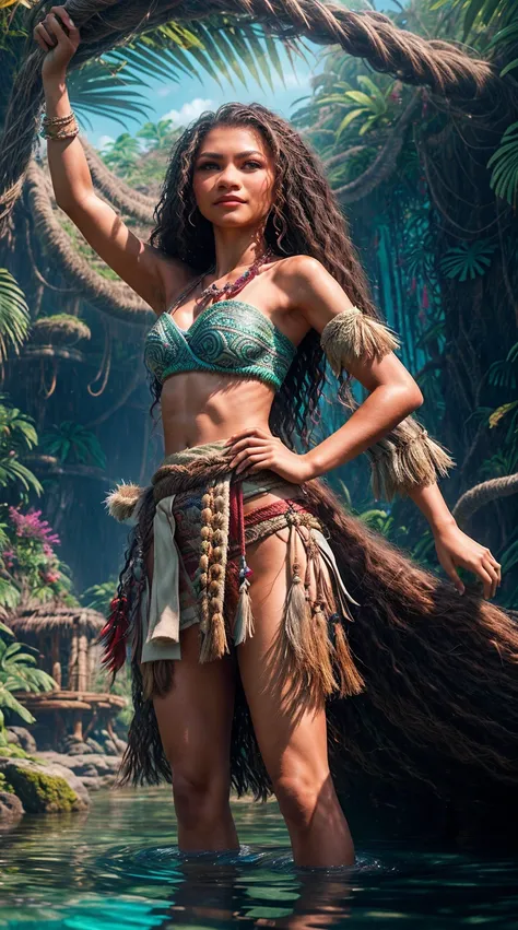 Generate a captivating image of Zendaya in a fantastical Moana cosplay set in a magical jungle oasis, highlighting her with a voluptuous body that celebrates natural beauty. Envision Zendaya wearing Moanas iconic outfit, with intricate details like a red c...