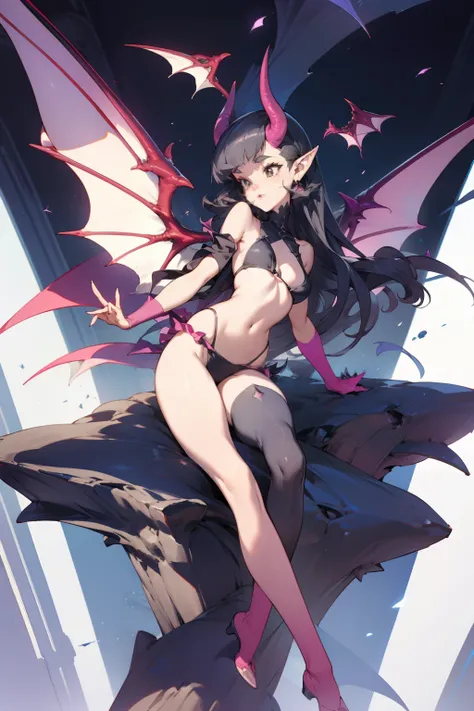 pointy ears，Bigboobs，Two legs，Over-the-knee stockings，（Princess cut hairstyle），short detailed hair，Sideburns have long hair，succubi，have demon wings，Bikini swimsuit，opening legs