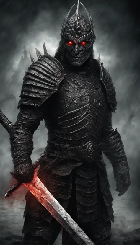 (best quality,ultra-detailed,realistic:1.37),ancient warrior with sword and shield,supernatural art,demonic creature,red glowing eyes,extremely detailed portrait, portrait, warrior, ancient, sword, shield, supernatural, demonic creature, red glowing eyes