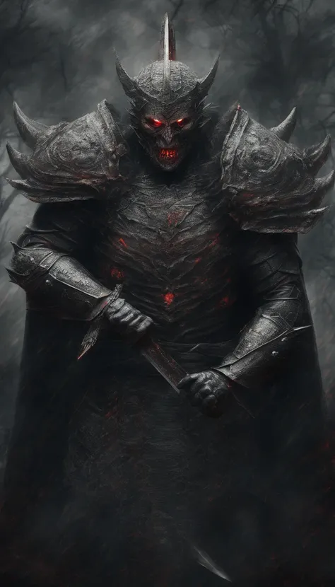 (best quality,ultra-detailed,realistic:1.37),ancient warrior with sword and shield,supernatural art,demonic creature,red glowing eyes,extremely detailed portrait, portrait, warrior, ancient, sword, shield, supernatural, demonic creature, red glowing eyes