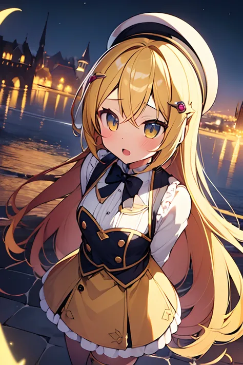 1girl. yellow hair.long hair.short stature. small breast.skirt. (((masterpiece))).(((best quality))).)((ultra-detailed))).(((illustration))).(((night view))).Magical girl costume.magic circles.open mouth.Sad face.beret