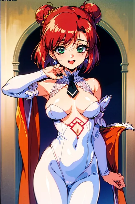 (masterpiece:1.1), best quality, NSFW, 
1girl, (80s anime style:1.3), (eyelashes:1.5), (loli:1.2), 
(intricate high detailed body:1.2), 
red hair, (short hair, twin messy bun:1.1), 
green eyes, (lip stick:1.1), 
slender body, large breasts, 
(happy, smile:...