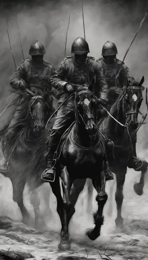 Five rampant soldiers and horses，Surreal art