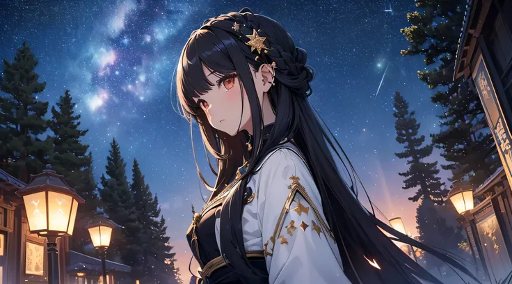 ​masterpiece、High Detailed Girls（（独奏、a beauty girl、doress、Highly detailed hair ornament、Hair is tied up））、Background with((Fantastic starry sky、meteors、black hole))、Depth((Giant Tree、Fantastic、Luminescent))、