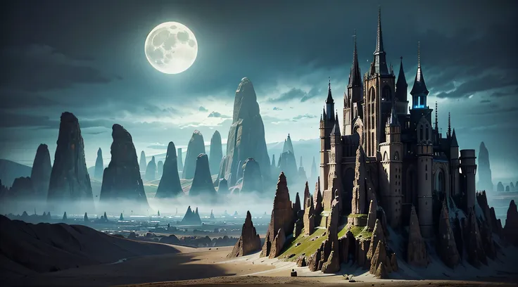 Dark Fantasy, The fantastic scenery, highly detailed landscape, Moonlight, Alien City　The Future of Science Fiction, dark art, Dystopian atmosphere, Mechanical and retro world, land like cappadocia, Weird architecture in the style of Gaudi, light from buil...