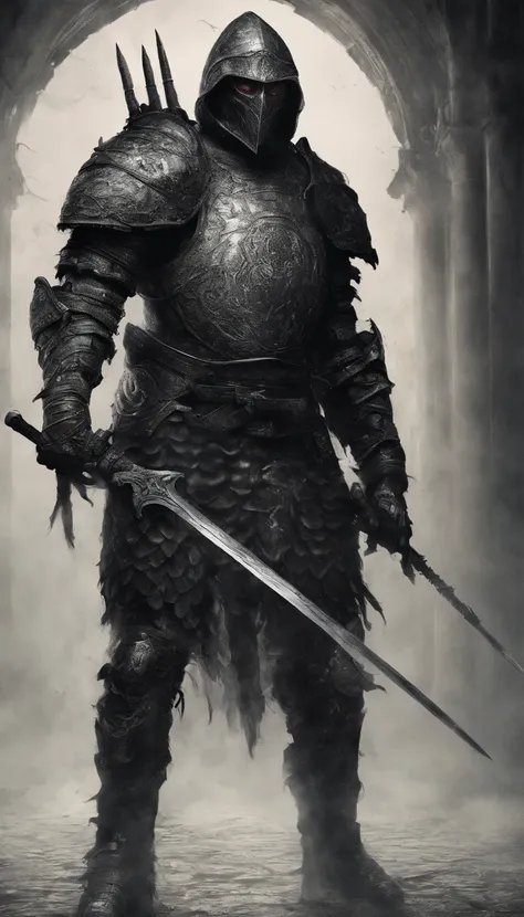 A soldier wearing ancient armor holding a sword and shield in his hands，full-body portraits，demonic creature，Surreal art