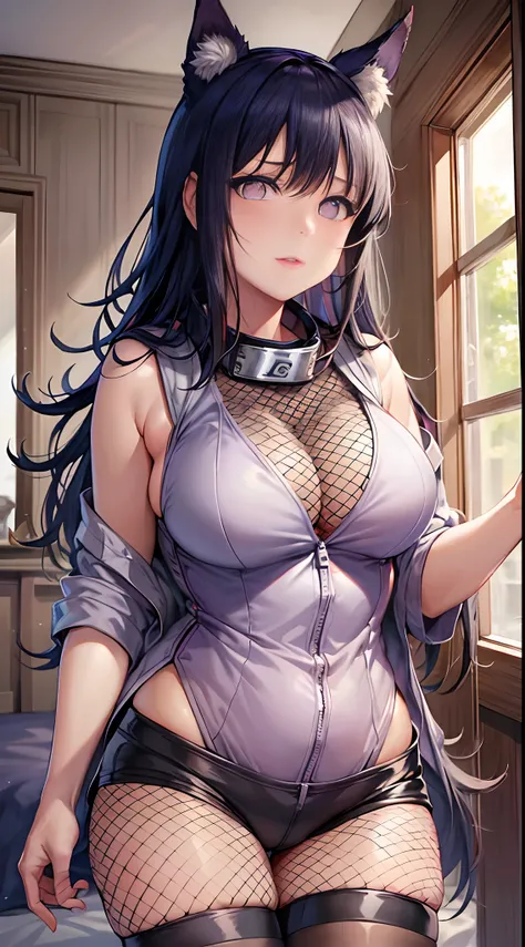 ​masterpiece, Hi-Res, hiquality, Detail Face, Detail Body Rendering, 1girll, 独奏, Hiuga Hinata, Hinata sleeveless costume,,, sleeveless shirts, fishnet tights, Dark lips, unzipped jacket, no-bra, Chest Out, teats, is standing, red blush, (bedroom)、Wolf ears