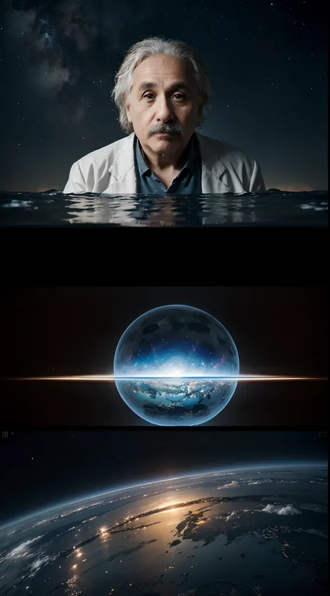 Visualize Einsteins impact beyond science: create a scene with elements of his scientific contributions and advocacy work merging, perhaps using a split image with scientific symbols on one side and peaceful visuals on the other.