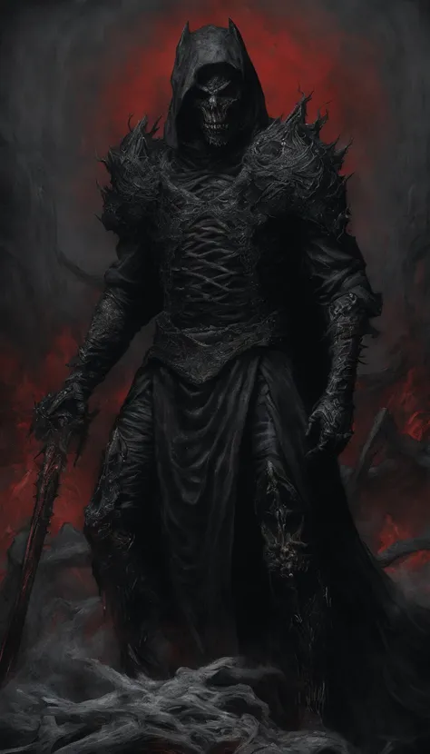 a physically powerful demonic creature，Wearing black armor，Wearing black iron gloves，Wearing black iron combat boots，Wears a black hood，Eyes glowing red，Ultra-detailed full-body portraits，Demon Knight，Holding a huge dark red sickle in his hand，Riding on a ...