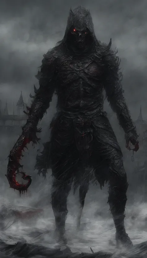 a physically powerful demonic creature，Wearing black armor，Wearing black iron gloves，Wearing black iron combat boots，Wears a black hood，Eyes glowing red，Ultra-detailed full-body portraits，Demon Knight，Holding a huge dark red sickle in his hand，Riding on a ...