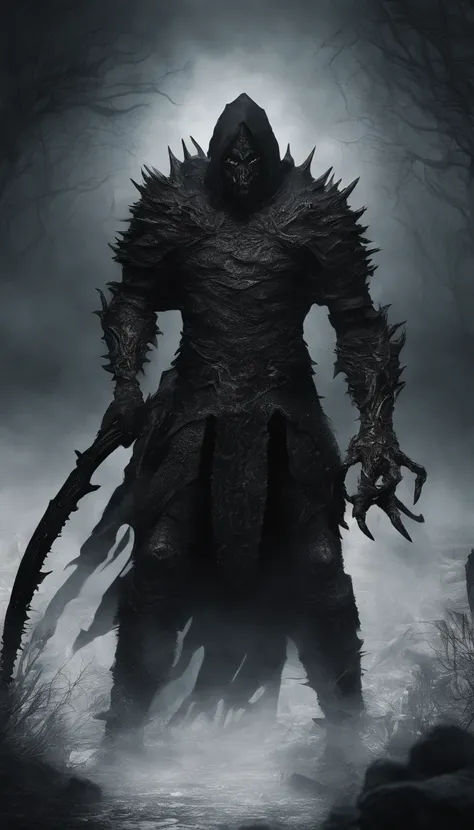 An extremely detailed full-body portrait，Shows a physically powerful demonic creature，Wears a black hood，Wearing black armor，Black iron gloves and black iron boots，His eyes glow red。He is a demon knight，riding a black horse。The demon knight holds a huge、da...