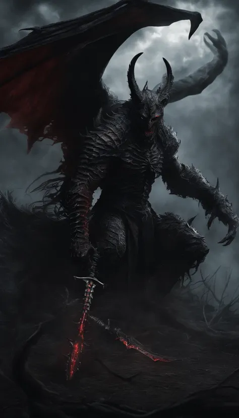 An extremely detailed full-body portrait，Shows a physically powerful demonic creature，Wears a black hood，Wearing black armor，Black iron gloves and black iron boots，His eyes glow red。He is a demon knight，riding a black horse。The demon knight holds a huge、da...