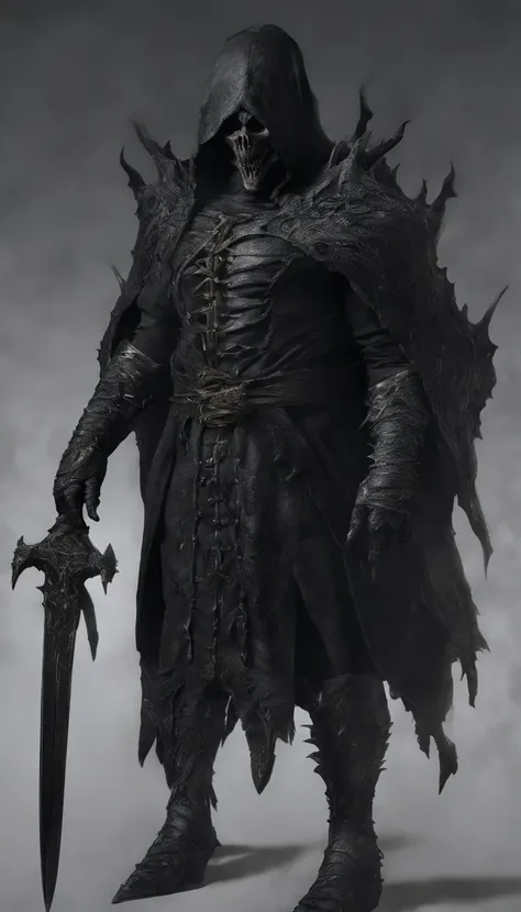 An extremely detailed full-body portrait，Shows a physically powerful demonic creature，Wears a black hood，Wearing black armor，Black iron gloves and black iron boots，His eyes glow red。He is a demon knight，riding a black horse。The demon knight holds a huge、da...