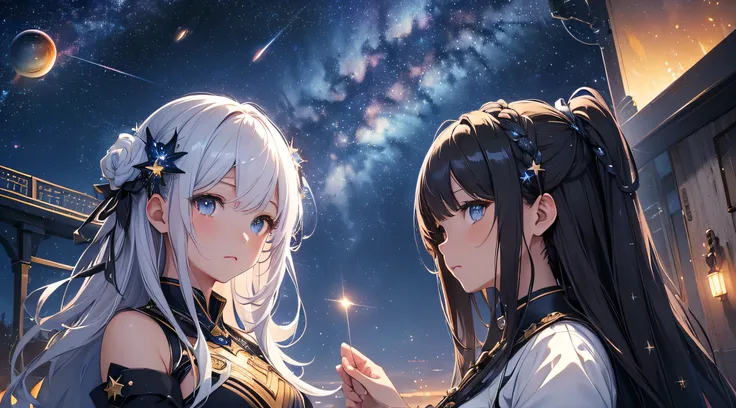 ​masterpiece、Background with((Fantastic starry sky、mid air、meteors、black hole))、Depth((planetes、Luminescent))、High Detailed Girls（（独奏、a beauty girl、Highly detailed hair ornament、Hair is tied up））