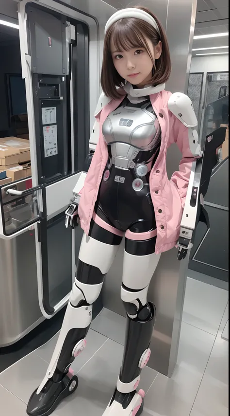 Robot Girl, pink there, Silver, Metallic body, Robot Parts, Metal Parts, Super Detailed Face, Super well-formed face, of the highest quality, a small face, small head, Brown hair, Slender body, Camera gaze, Internal Mechanical Exposure, Idol, front facing,...