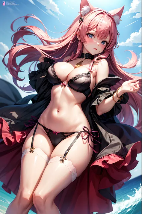 1girl in, absurderes, hight resolution, ultrasharp, 8K, masutepiece, Looking at Viewer, thighs thighs thighs thighs, breasts, hug breasts, cleavage, underboob, Pink hair, Long hair, Bangs, 耳环, ruffle bikini, Black shock, blush, Wet, lip piercing, garters,,...