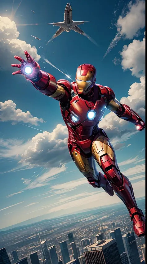 An illustration of Iron Man soaring through the sky, surrounded by a cityscape